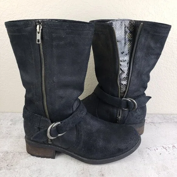 UGG Silva Moto Boots Leather Nubuck Harness Zip Slouchy Snakeskin size 9 EU 40 - Picture 4 of 15